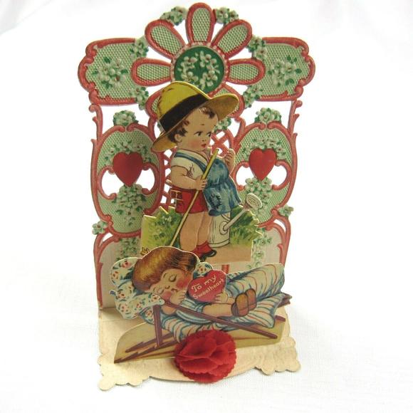 Vintage Valentine Pop Up 3D Die Cut Honeycomb Girl Boy Gardener Germany 1920-30s - Picture 12 of 12